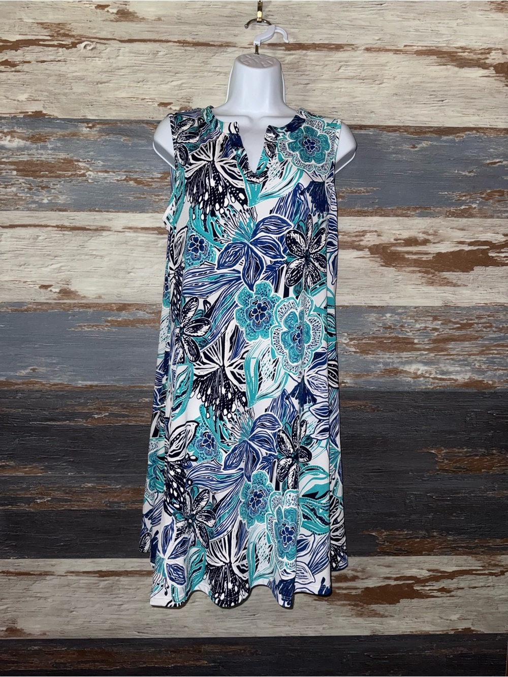 Chico's size 1 (12-14) Teal, Navy & White Floral Sleeveless dress